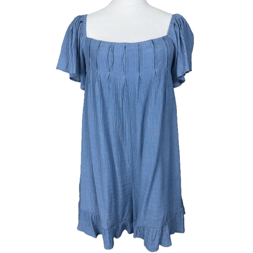 L Love Romper Blue Textured Ruffle Hem Square Neck Short Flutter Sleeve L Lined